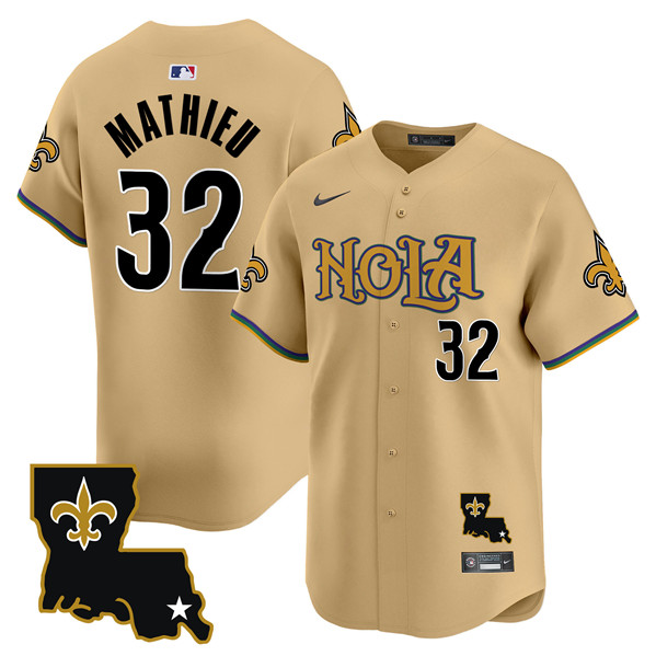 Men's New Orleans Saints #32 Tyrann Mathieu Gold Cool Base Stitched Baseball Jersey